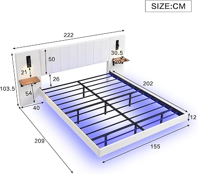 Upholstered Platform Beds, LED Functional Floating Bed with Bedside Tables, Directional Lamp and Charging Station, 5ft King Size Bed Frame with Wide Headboard & Metal Slats, Velvet, White,No Mattress