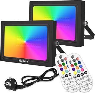 MEIHUA 35W RGB LED Strahler 2er mit Fernbedienung Außenstrahler IP66 Wasserdicht Farbewechsel Dimmbar Flutlicht 12 Farben Multifunktion mit Timer für Baum Garten DJ Home Party Weihnachtsdekoration