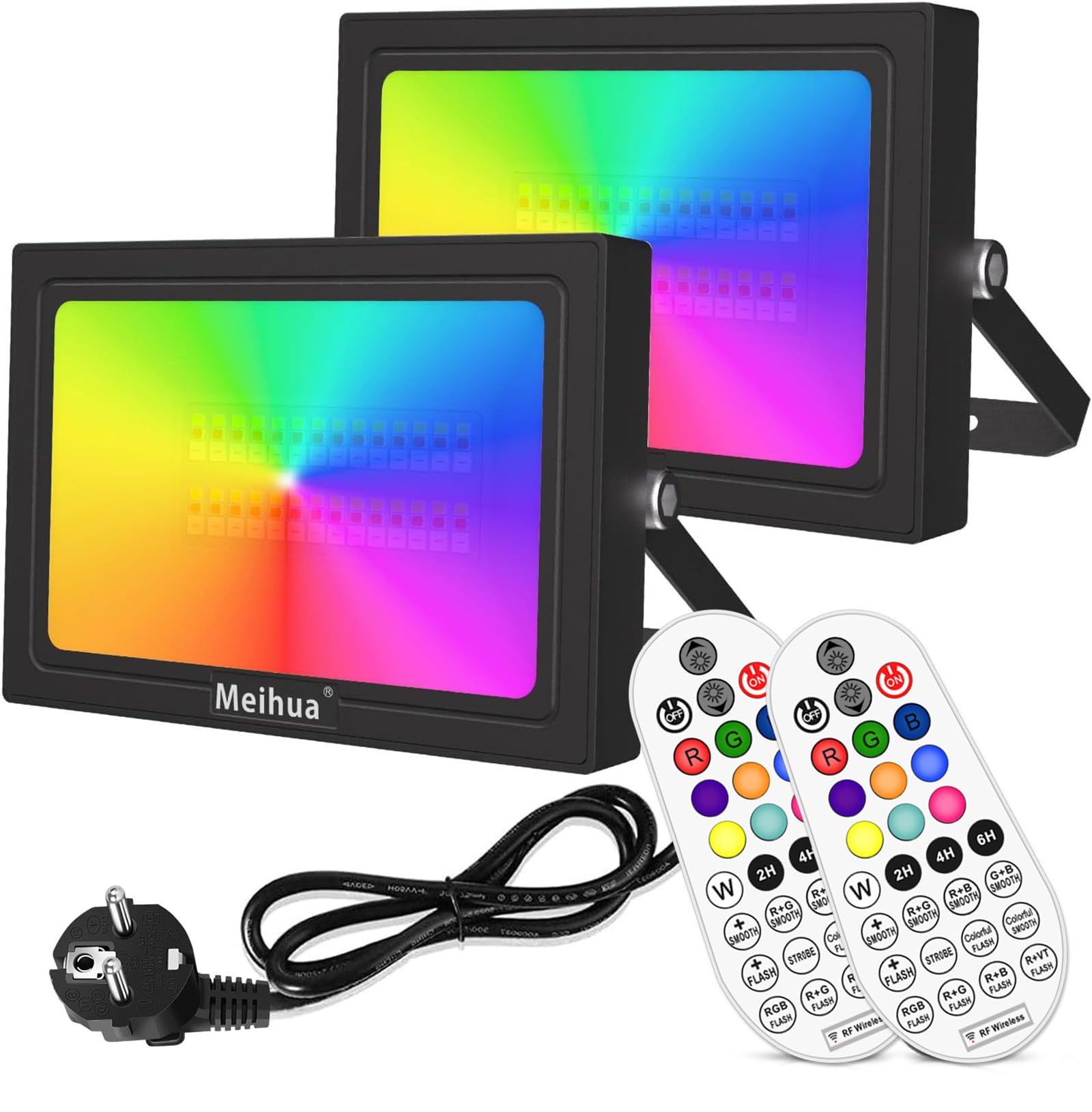 MEIHUA 35W RGB LED Strahler 2er mit Fernbedienung Außenstrahler IP66 Wasserdicht Farbewechsel Dimmbar Flutlicht 12 Farben Multifunktion mit Timer für Baum Garten DJ Home Party Weihnachtsdekoration