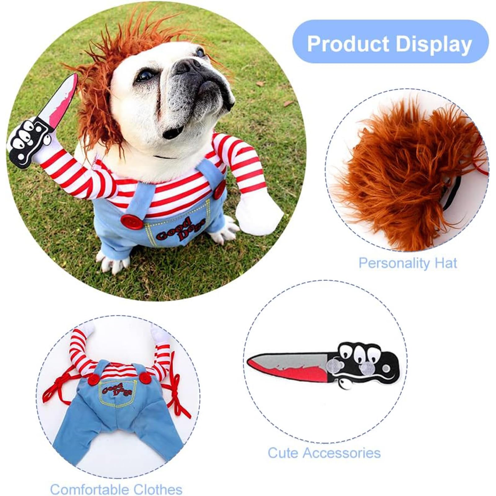 Chucky Dog Costume with Knife - Deadly Doll Halloween Costume for Small Dogs [S]