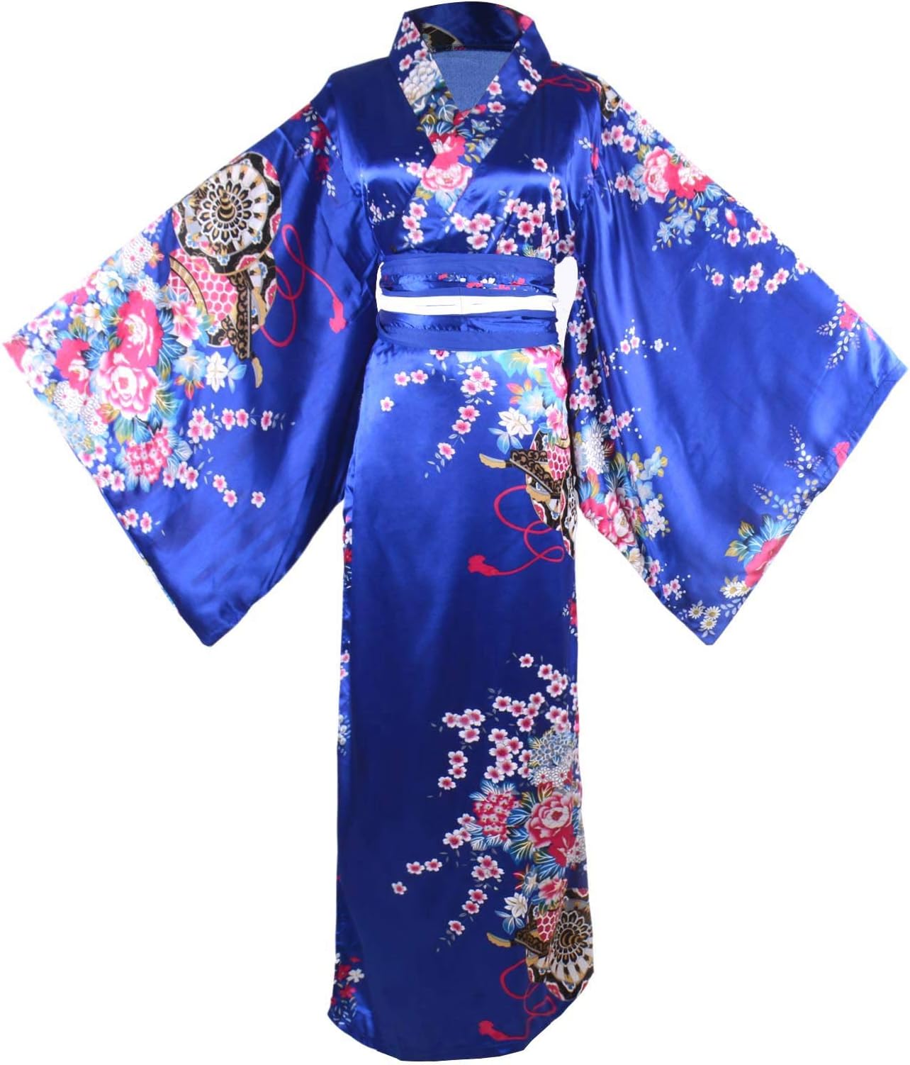 GenericWomen's Long Kimono Costume Floral Patten Japanese Geisha Yukata Robe Dress Obi Belt Bathrobe Outfit