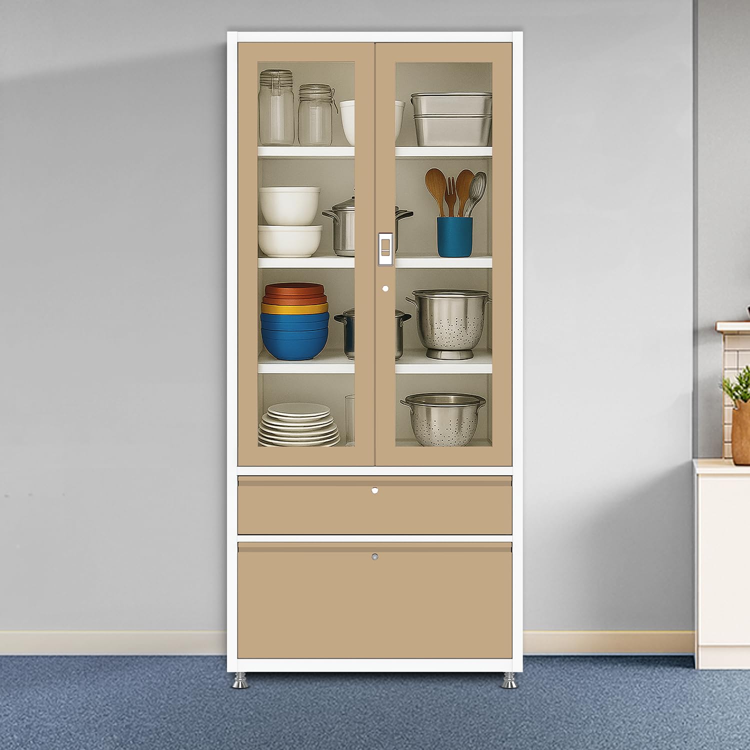 Triveni Almirah Annapurna-5 Steel Wardrobe for Kitchen & Home Use | 10 Year Guarantee on Paint & Locks | 2-Door Glass Almirah with 2 Drawers | Separate Locks for Doors & Drawers | Powder-Coated Finish