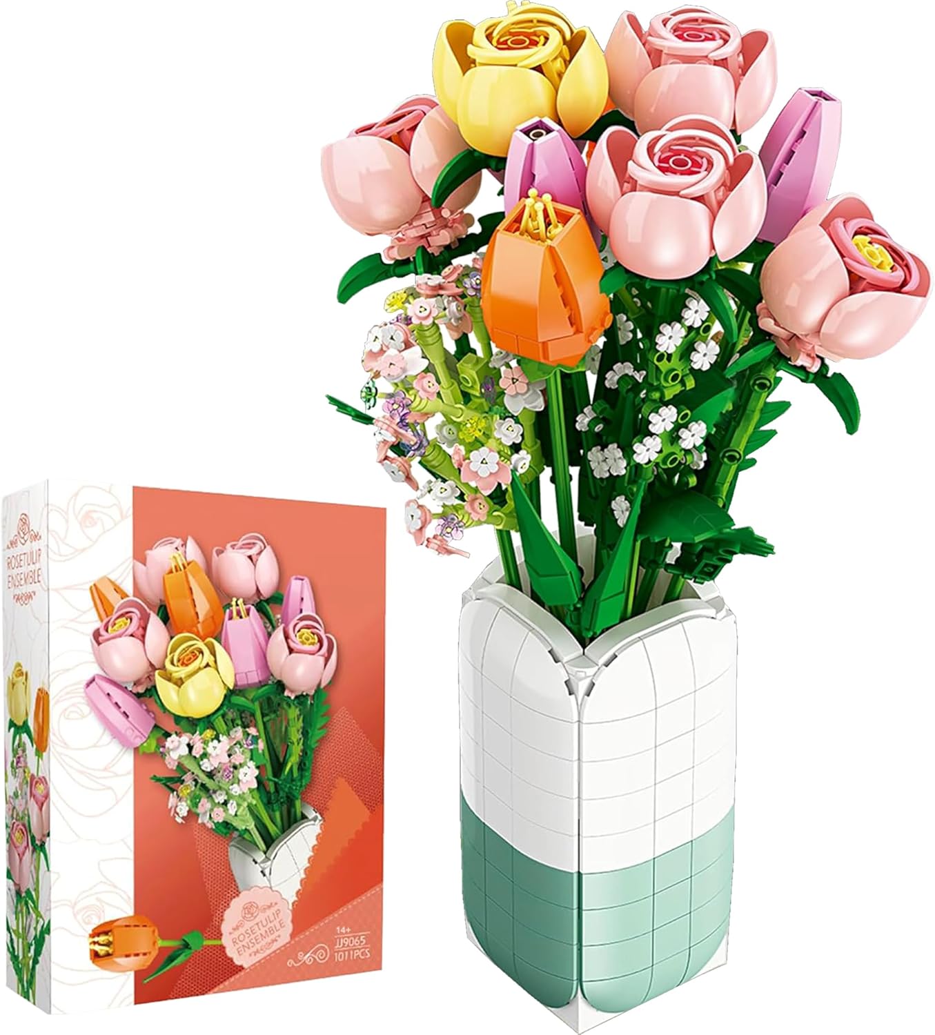 Flowers Bouquet Building Set with Vase - 1011 PCS Bricks Blocks Toy for Adults, Tulips & Roses Artificial Flowers Botanical Collection, Gifts for Christmas, Mother's Day