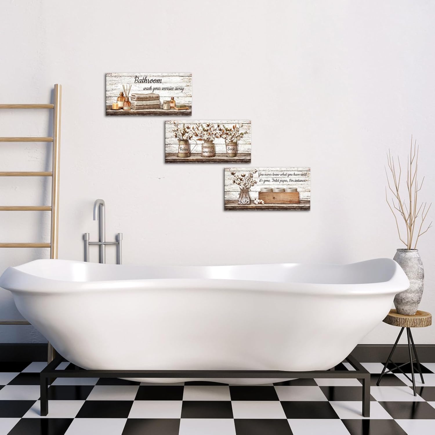 HOMEOART Farmhouse Bathroom Wall Decor - Framed Canvas Art, 6x12inch, 3 Pieces (Brown)