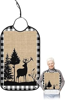 BOBOWUNY Christmas Elk Adult Bibs for Elder Women Men Eating, Xmas Tree White Black Buffalo Plaid Waterproof & Washable Bibs for Eating Clothing Protector Dining Bibs for Crumb Catcher