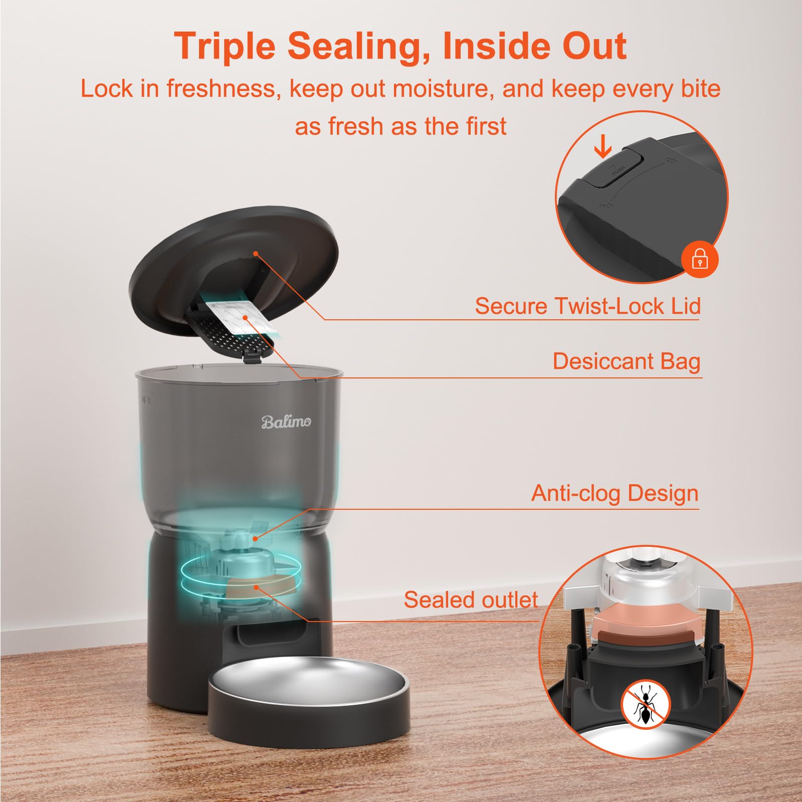 Balimo Distributore Automatico Cibo Gatti, 2.4G WiFi Dispenser Crocchette Gatto, 3L Distributore Automatico Cibo Cani, Adatto Controllo App, Da 1 a 10 Pasti al Giorno, Nero