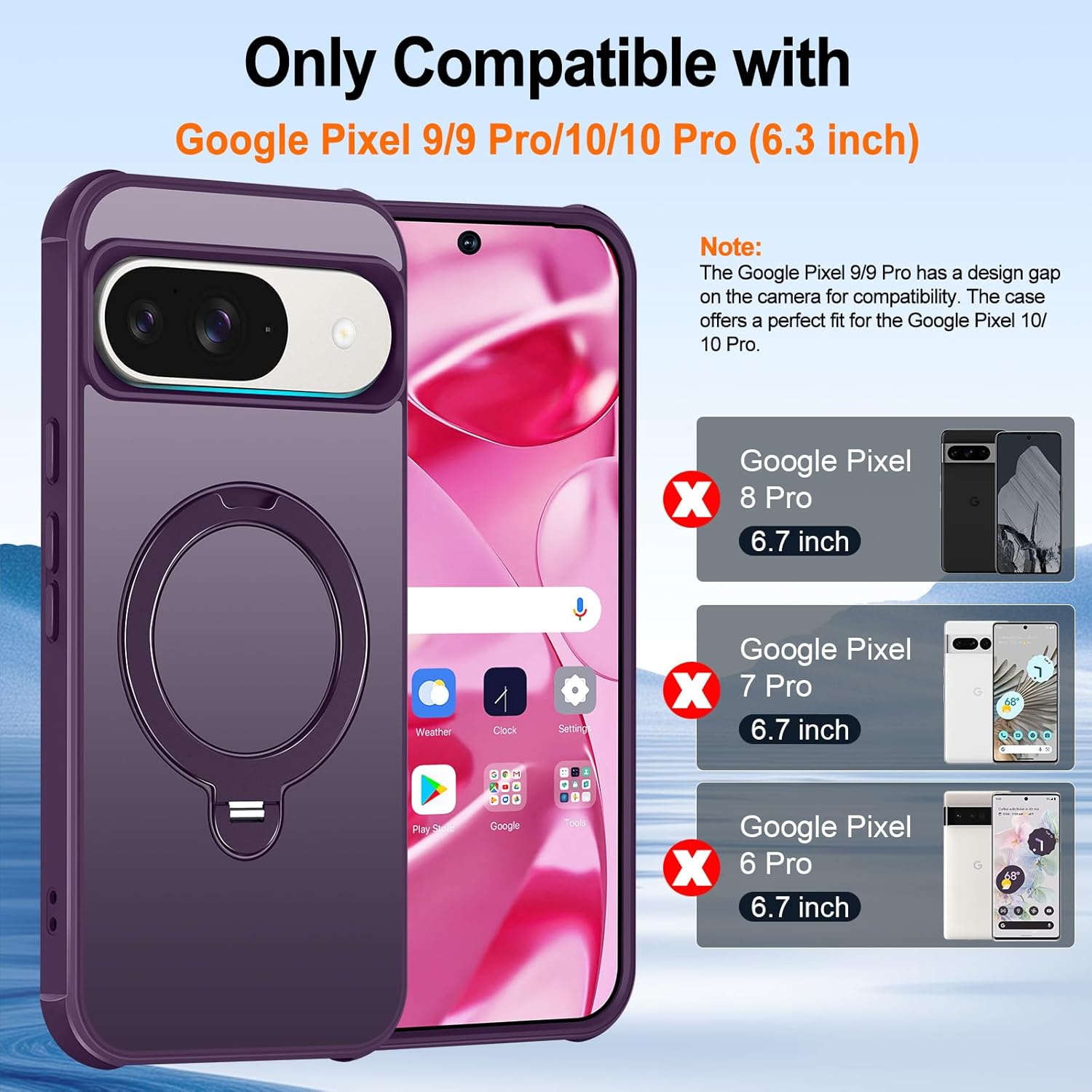HuwaiH 360° Rotatable Magnetic Ring Stand for Google Pixel 9/9 Pro/10/10 Pro Case, Compatible with MagSafe, Military-Grade Shockproof, Anti-Scratch Matte Translucent Phone Case(Purple)