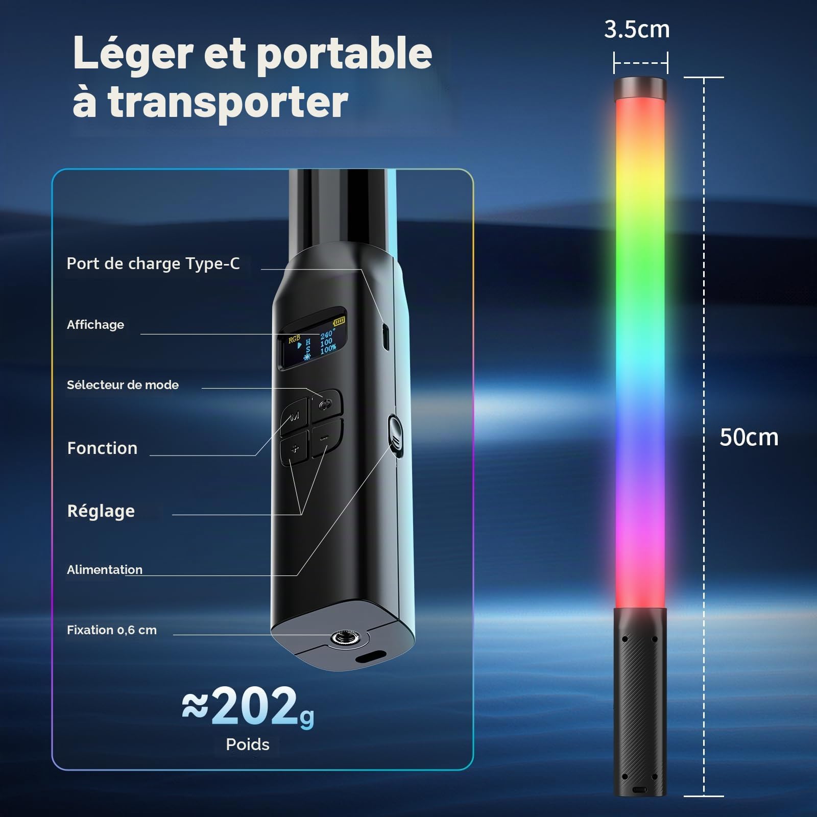 ULANZI VL119 Lampe Vidéo 10W, 360° Couleurs RVB, Luminosité 360Lux@0.5m, Tube Light avec Batterie 3300mAh, 2500K-9000K Réglable pour Portrait Photographie de Produits