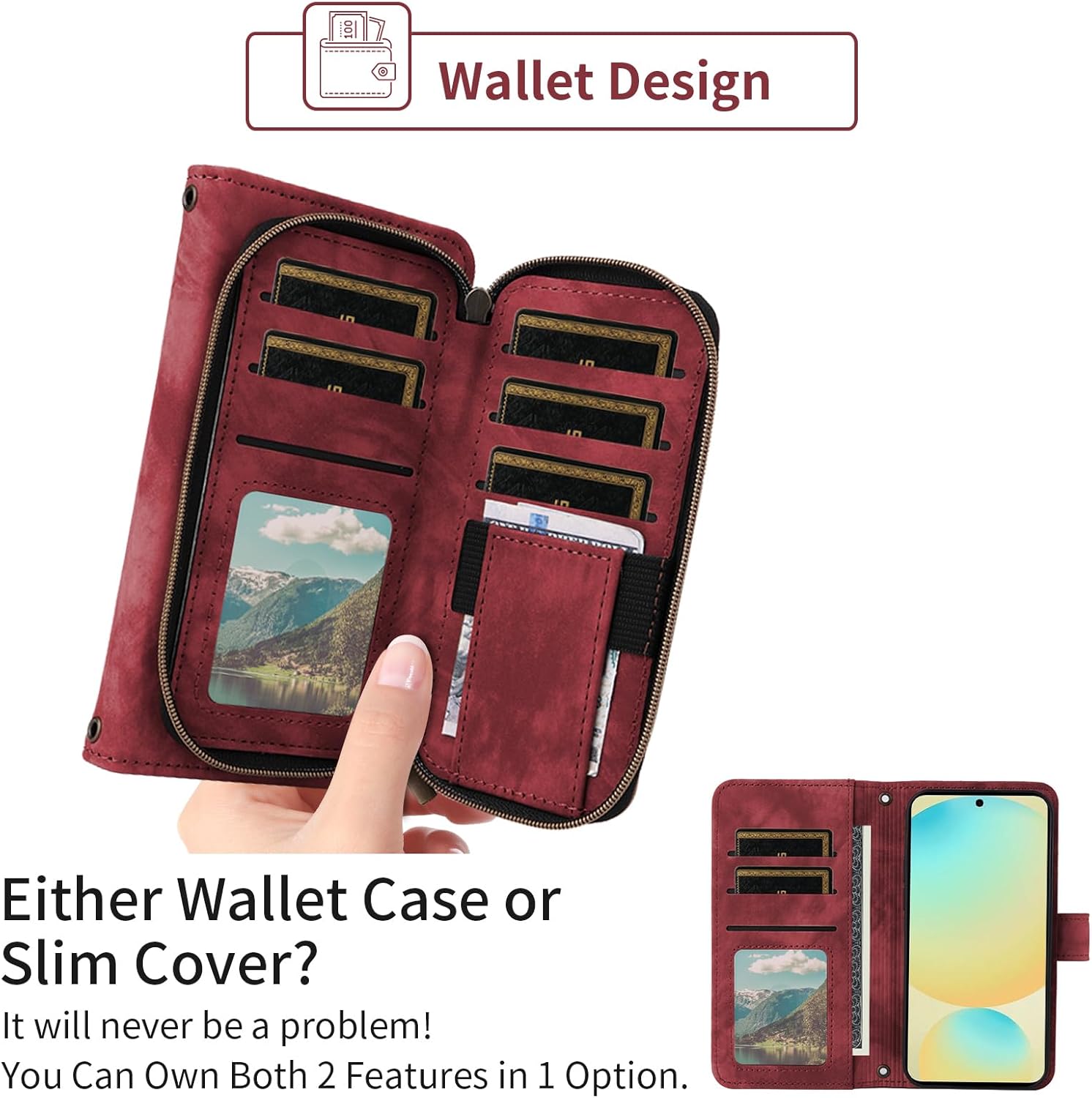Phone Case for Samsung Galaxy S24 FE 5G Wallet Cell Cover with Tempered Glass Screen Protector Crossbody Lanyard Strap Flip Stand Zipper Purse Card Holder Slot Cash S 24 EF AI S24FE 24S Women Men Red