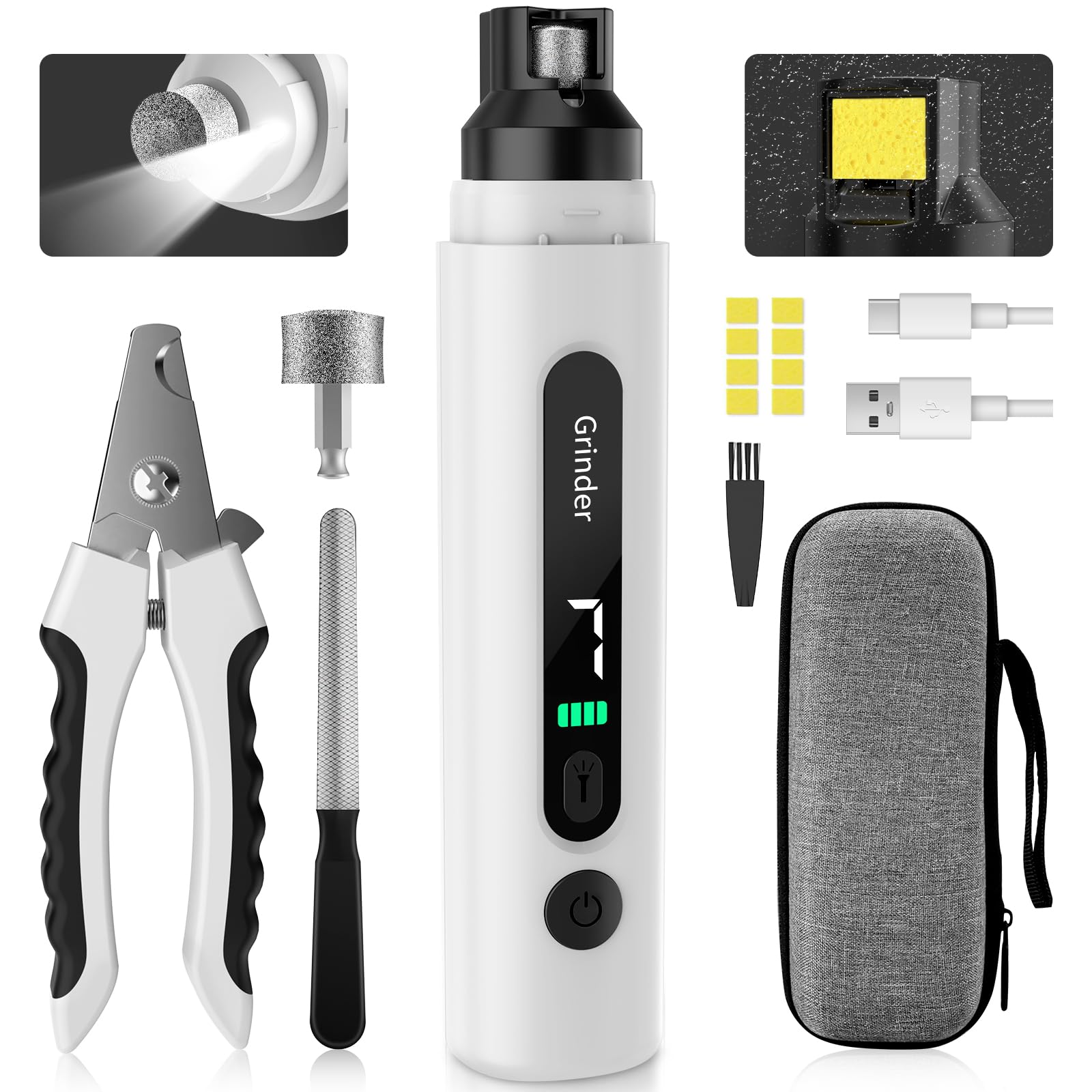 Dog Nail Grinder, 7-Speed Pet Nail Trimmer with LED Light & Sponge Dust Collector, Quiet and Low-Vibration, Painless Paws Grooming for Large Medium Small Dogs, Include Storage Bag