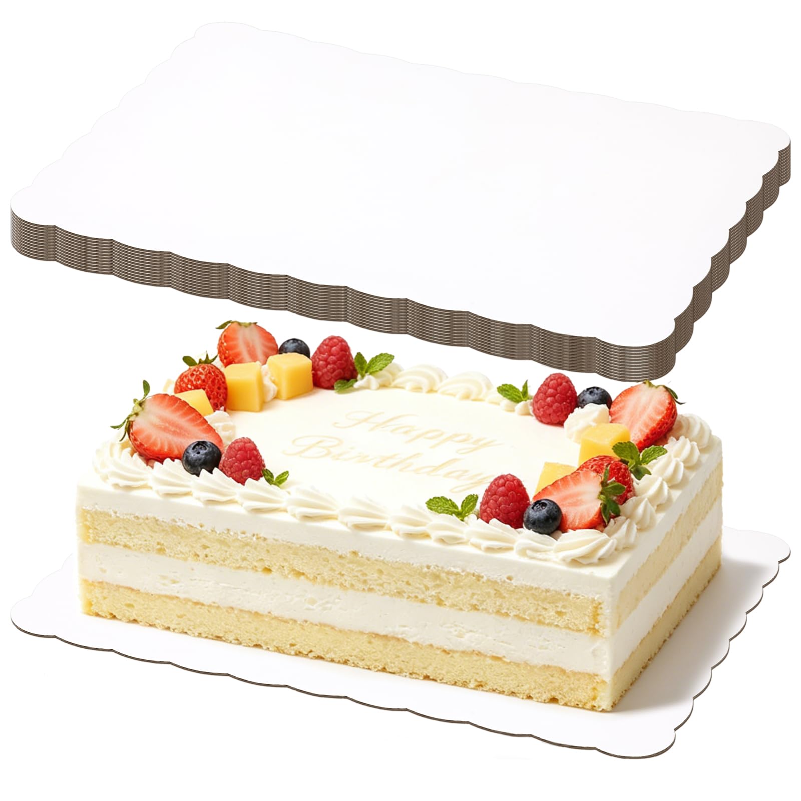Photo 1 of 12 Pack Half Sheet Rectangle Cake Drum Board - 14x19 Inch White Scalloped Rectangle Dessert Base, 3mm Thick Reusable Waterproof Sheet Cake Board for Baking, Bakery, Party & Transport