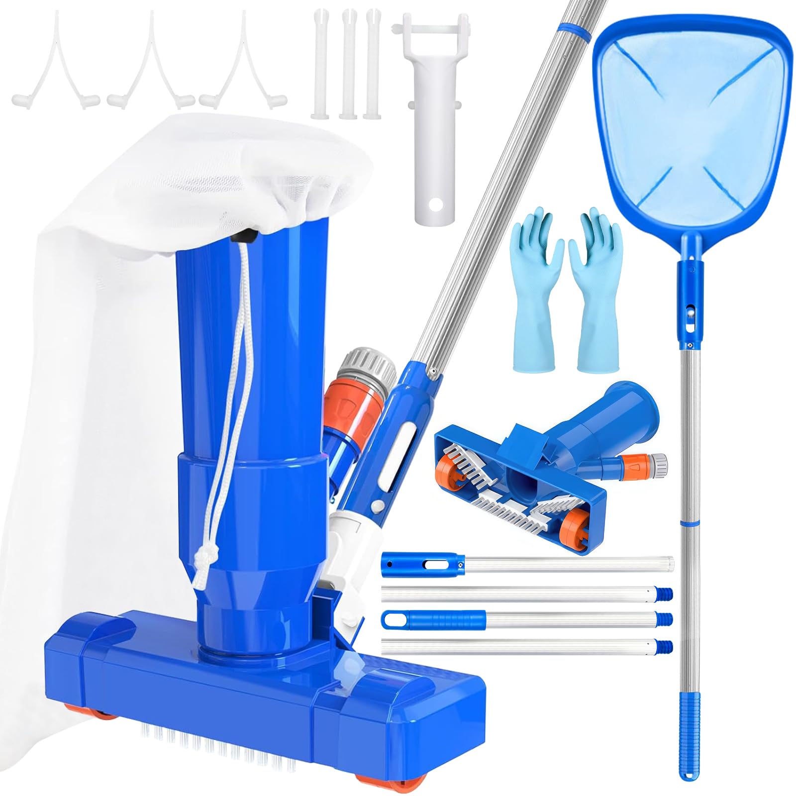 Aspirador de Piscina, Aspiradoras de Mano para Piscinas con 4 Postes de Aluminio Extraíbles y Skimmers para Piscinas, Kit de Limpieza Piscina para Bañera de Hidromasaje de Fuente de Piscina