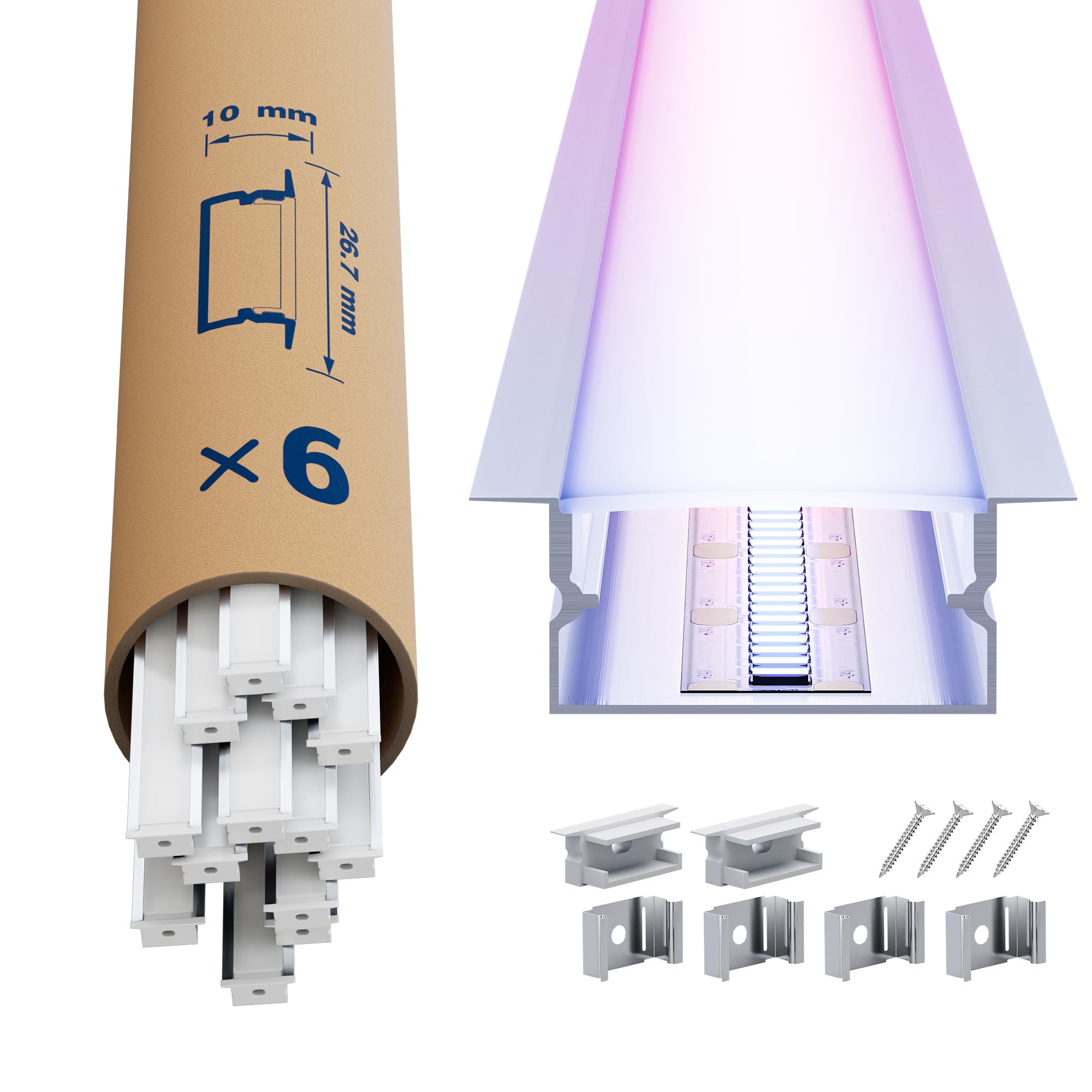 LED Aluminium Profil 6 × 2m – U-Form Aluprofil mit weißer Abdeckung – Alu Leiste für Lichtstreifen bis 16.7 mm - 26,7 x 10mm - Led Profile Schiene Kanäle Leiste Diffusor