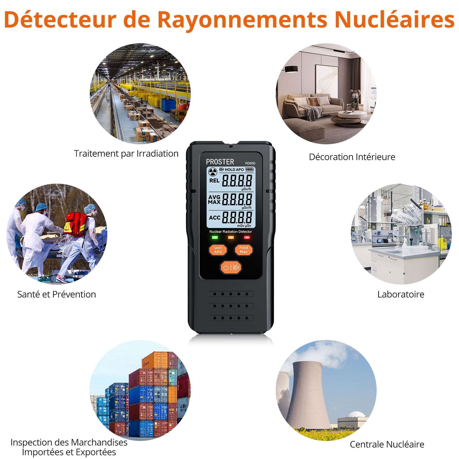Proster Compteur Geiger Portable – Détecteur de rayons X, Gamma, Bêta avec Alarmes Sonore/Lumineuse, Écran Couleur HD 2.4", Dosimètre 0.00~9999µSv/h pour Maison, Laboratoire, Tests Environnementaux
