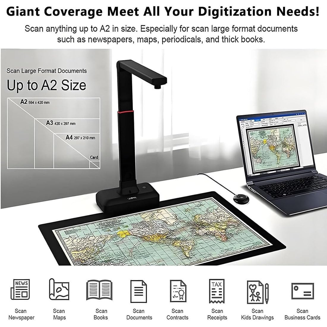 Scanner A2 per Documenti E Libri,Scansione Massimo: A2,Risoluzione Fino a 23 Mp,Smoothing Delle Pagine Doppie Dei Libri E Scansione Automatica Divisa,Riconoscimento Testo Ocr,Windows E Mac