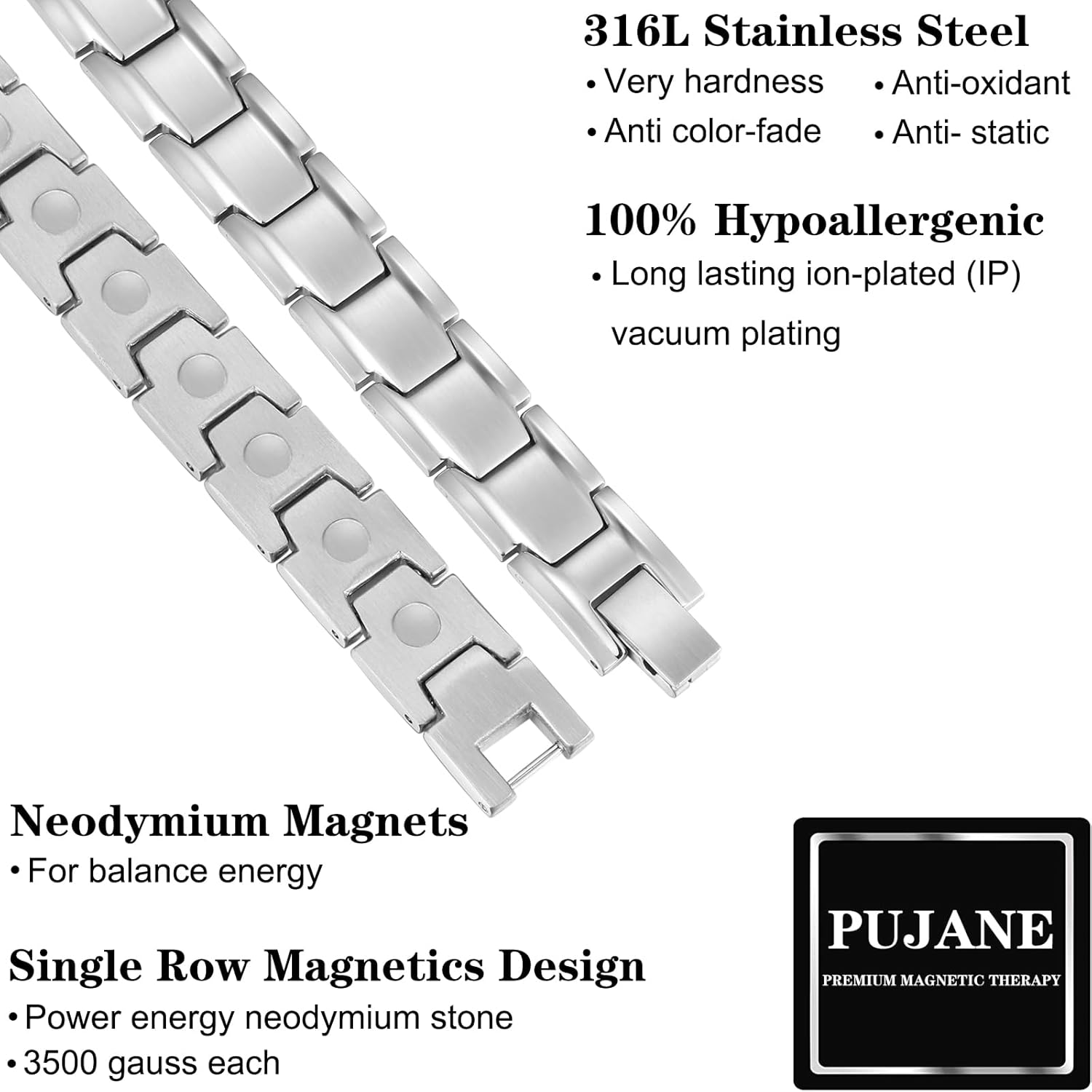 Magnetic Bracelets for Men Women 316L Stainless Steel Ultra Strength Magnets Power Balance Energy Stones Bracelet Jewelry Gift with Adjustment Tool (Silver) - Image 3