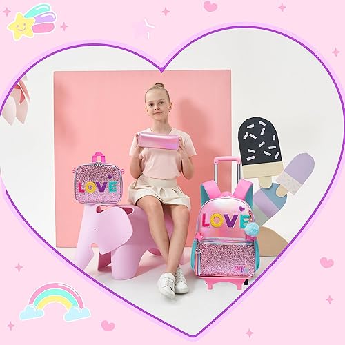 Miniatura 6 de Mochila con ruedas para niñas, bonita mochila rosa con ruedas, mochila para niñas con caja de almuerzo, mochila con ruedas para niñas, maleta