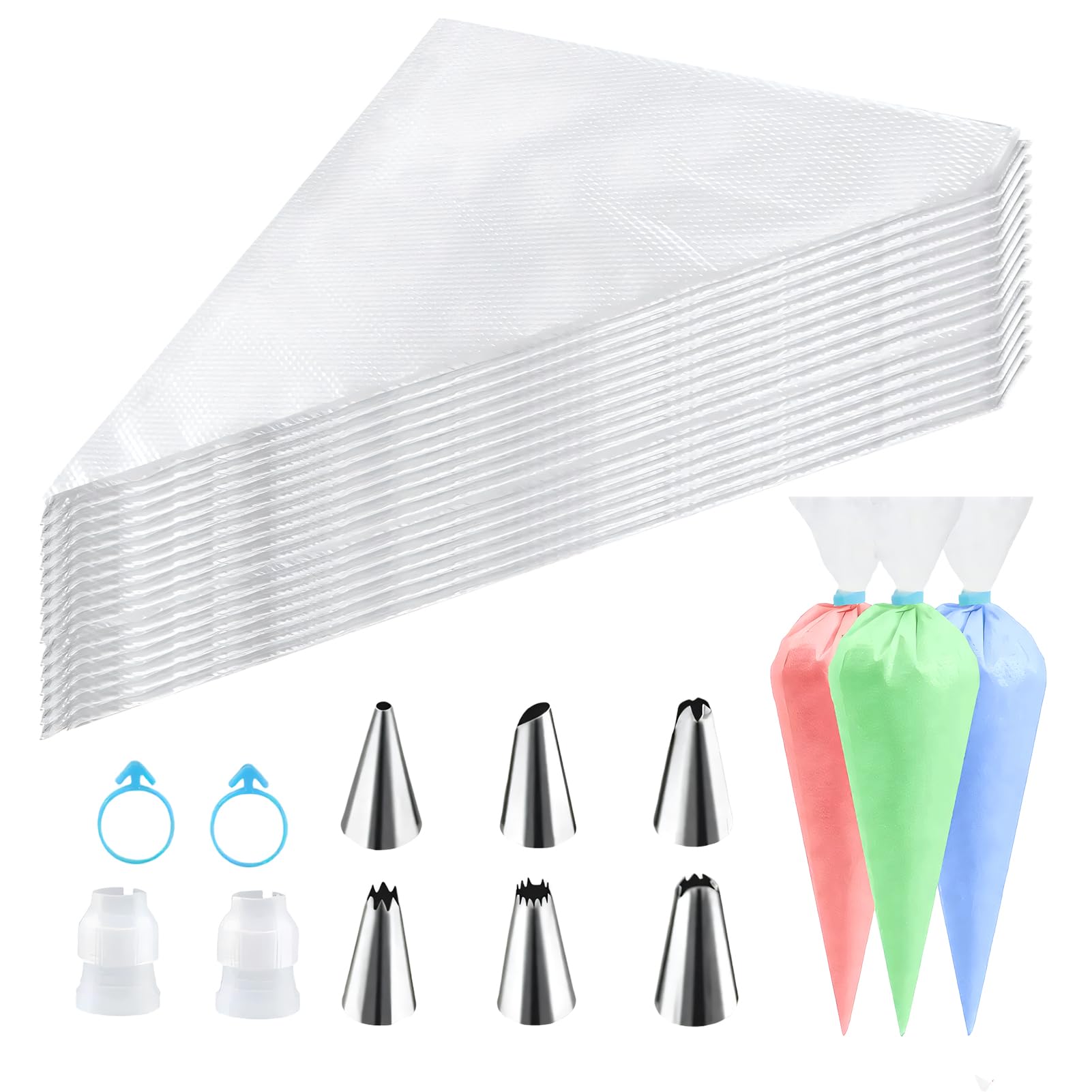 100 PCS Poches à Douilles, Comprenant 6 Douilles en INOX,1 Adaptateur | Poches à Douille Patisserie,pour Deco Gateau, Cupcake, Pâtisserie