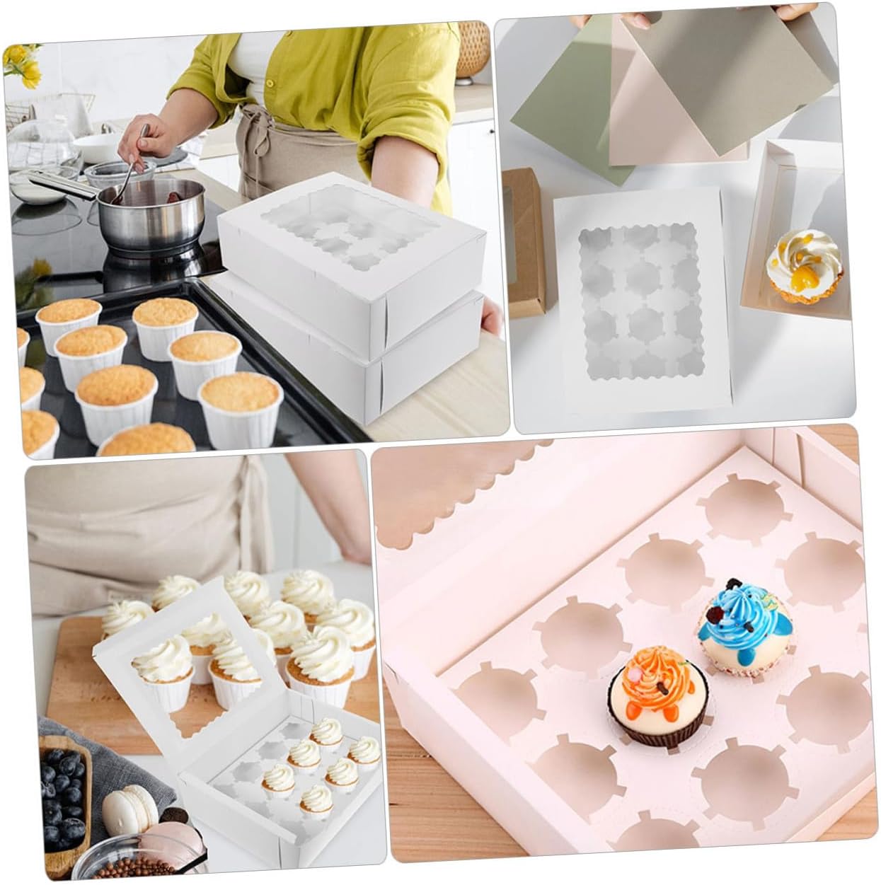 Mikinona 10pcs Paper Cupcake Carriers with Window, White Cardboard Muffin Boxes for Bakery, Egg Tart Paper Storage Boxes for Home and Party Use