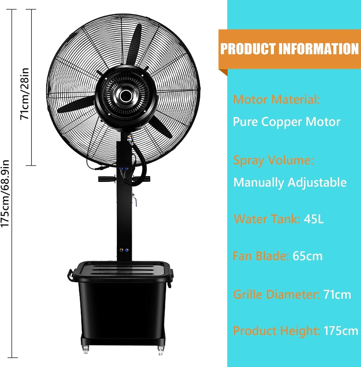 Ventilatore Nebulizzatore da Esterno a Colonna, Regolabile in Altezza con Opzioni Pala 750mm o 650mm, Oscillazione 90°, Serbatoio Acqua Capiente 42L, per Terrazzo, Giardino, Piscina, Barbecue