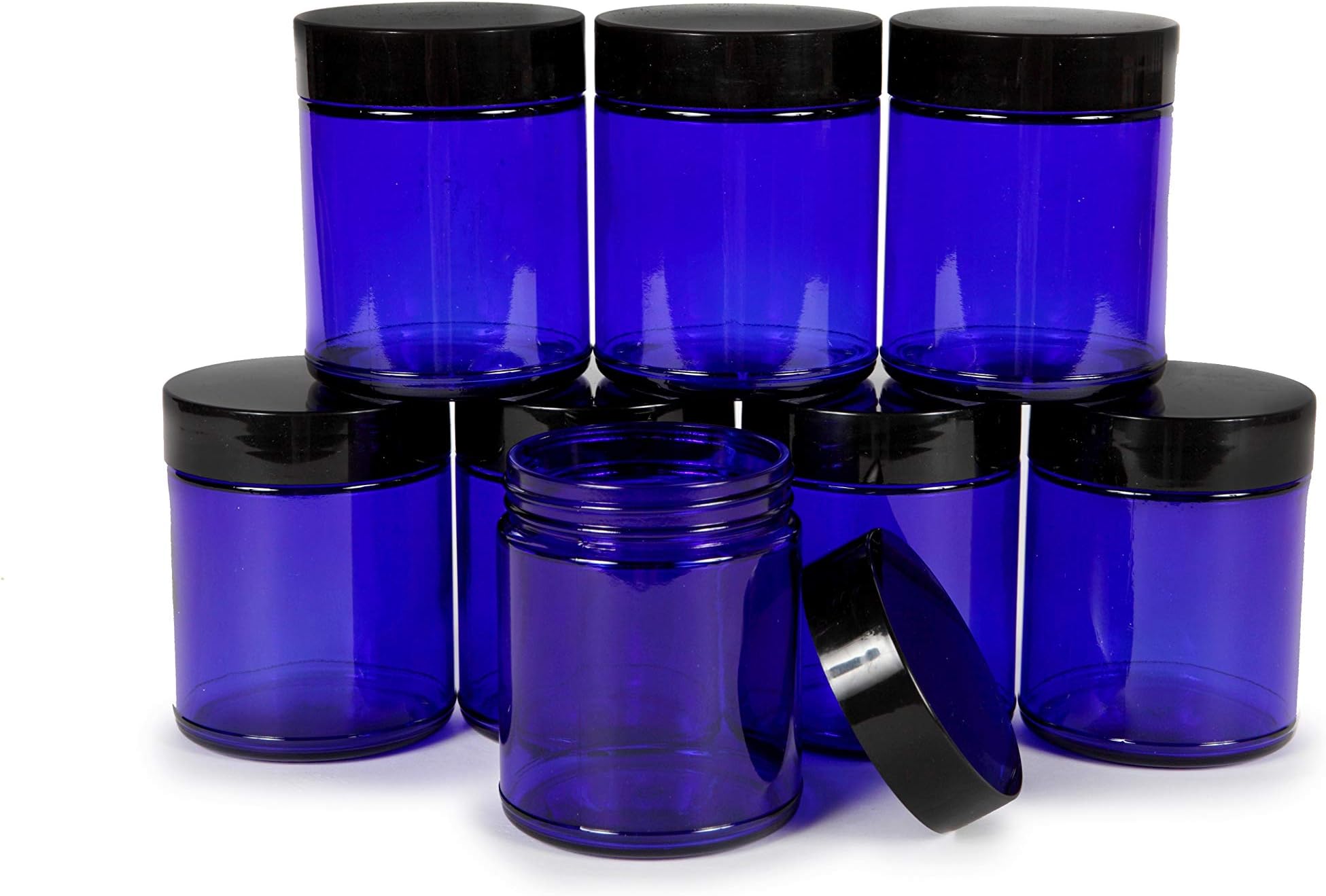 Vivaplex, Cobalt Blue, 8 ounce, Round Glass Jars, with Black Lids - 8 pack