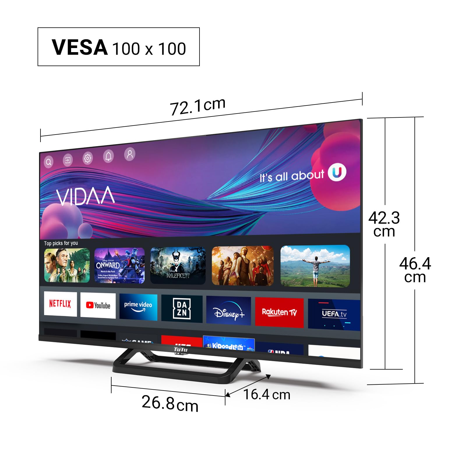 TuTu TUV32FN1B Smart TV 32 Pouces 80 cm Full HD sans Bord Connectée Télévision WiFi Bluetooth App Store AirPlay Triple Tuner