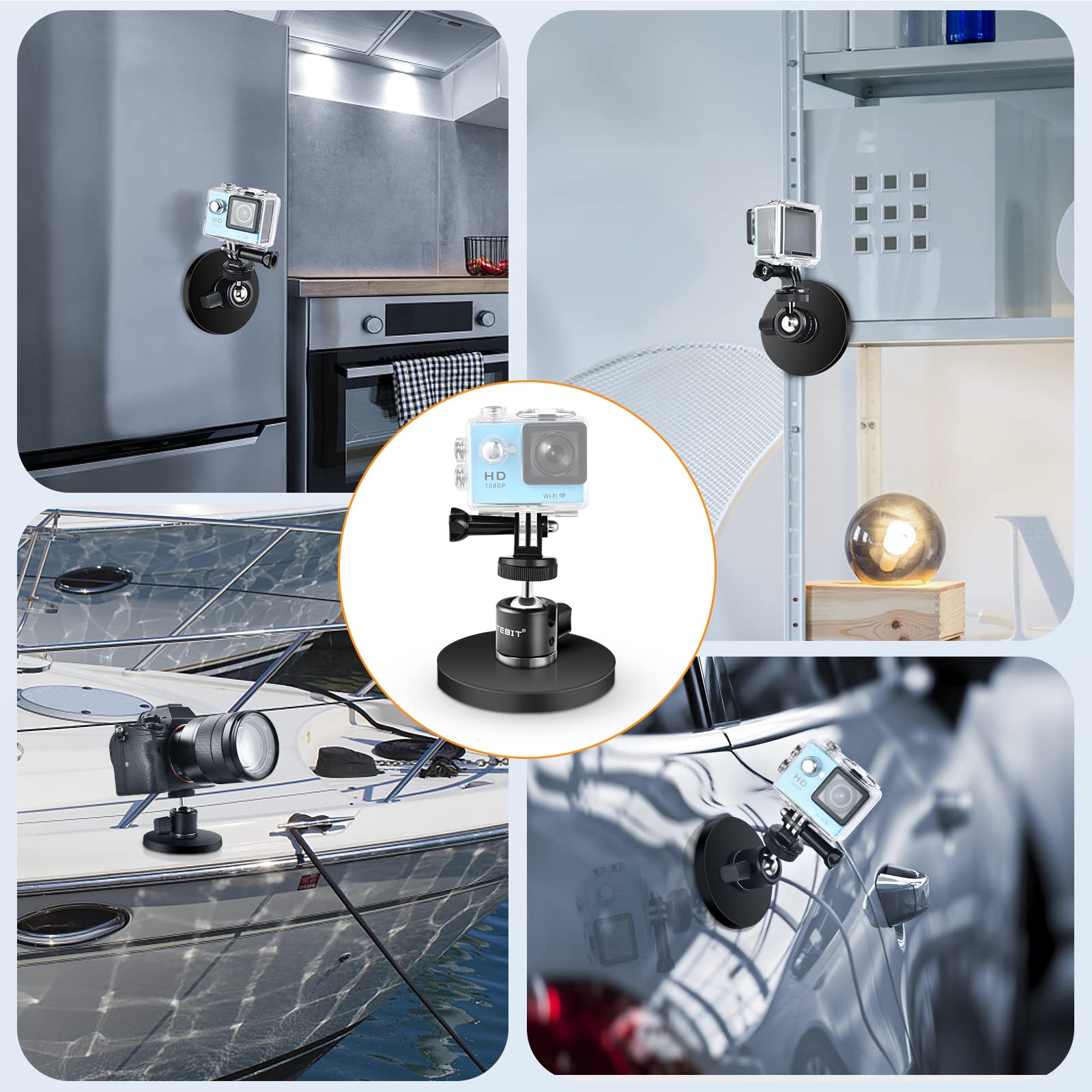 UTEBIT Uchwyt magnetyczny, narzędzie z głowicą kulową obracaną o 360°, super magnetyczna podstawa magnetyczna 88 mm z uchwytem na smartfon, uchwyt magnetyczny kompatybilny z kamerą GoPro, kamerą