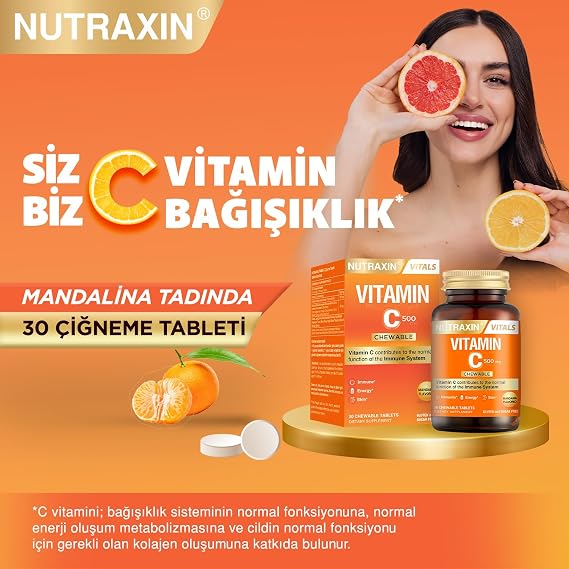 Nutraxin Chewable Vitamin C 500 mg | Çiğnenebilir Form | Şeker ve Gluten İçermez | 30 Tablet