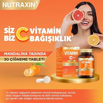 Nutraxin Chewable Vitamin C 500 mg | Çiğnenebilir Form | Şeker ve Gluten İçermez | 30 Tablet