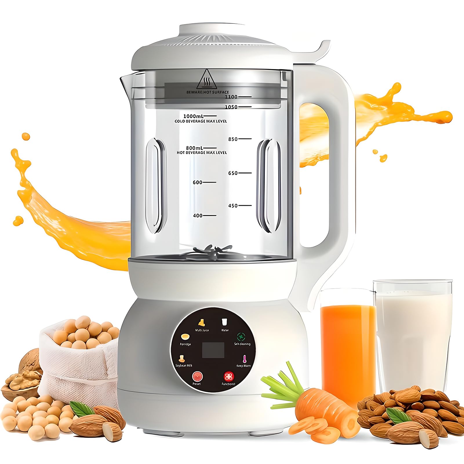 Automatyczna maszyna do produkcji mleka orzechowego, szklany dzbanek 1 l z tłoczeniem na zimno i podgrzewaniem, wegańskie mleko do soi, owsa, mleka migdałowego i smoothie na bazie roślin