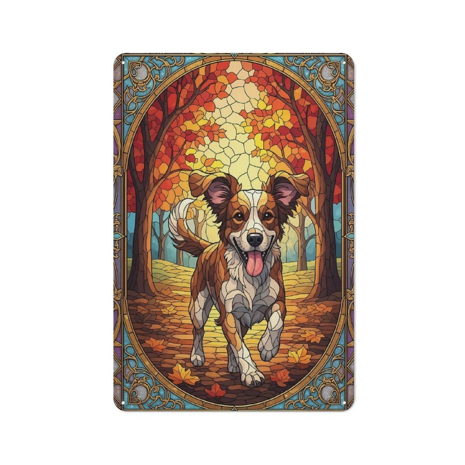 Junmoney Style-19 Stained Glass Dog In Autumn Retro Tin Wall Plaque 30X20cm For Home Office Or Studio, For Cooler-Month Interiors With Retro Character