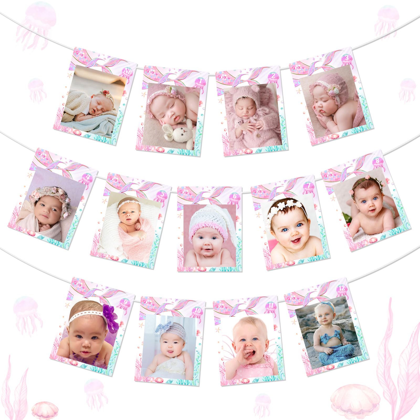 JOYMEMO Mermaid 1st Birthday Photo Banner for Baby from Newborn to 12 Months, Under The Sea First Birthday Party Supplies Monthly Photo Prop, Girls Mermaid Theme Ocean Birthday Party