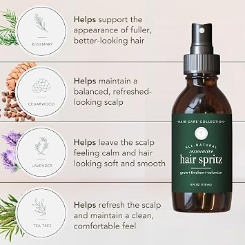 Rowe Casa Organics Natural Restorative Hair Spritz with Witch Hazel & Therapeutic Essential Oils, Hand-Crafted Hair Volumizer, Thickener, Growth Booster, 8 Fl. Oz.