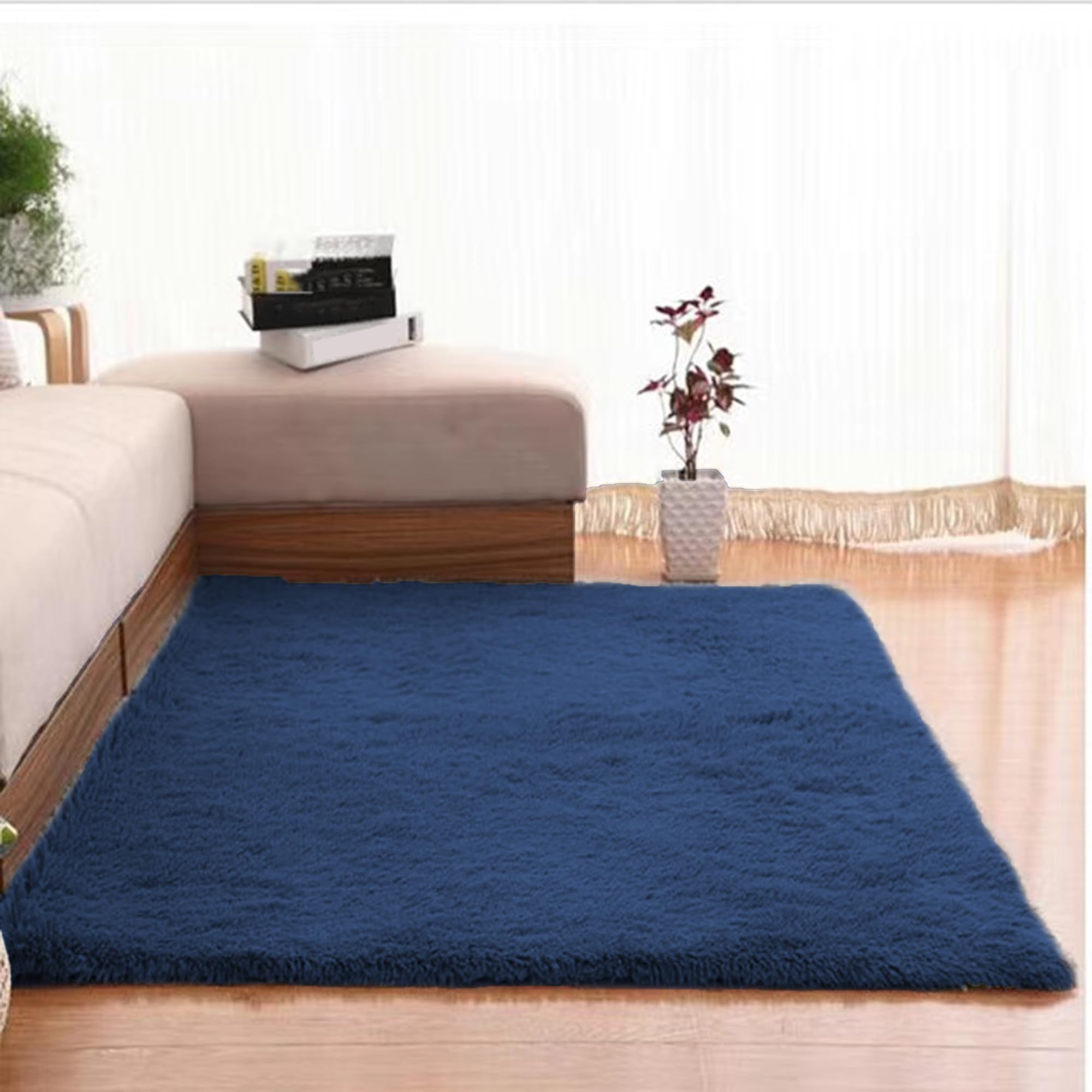 Tapis à poils longs ultra doux lavable bleu 200 x 200 cm de taille L