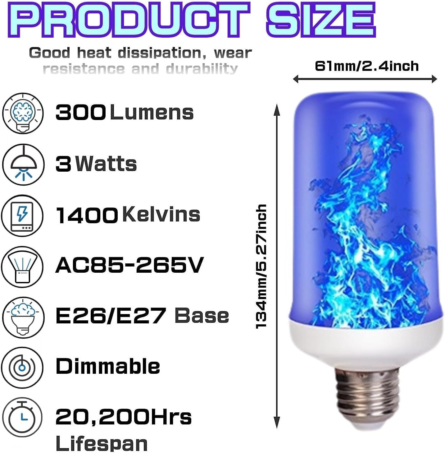 2Pcs LED Flame Light Bulbs, 4 Modes Christmas Flame Bulb, E27 Base Flickering Fire Decorations Lights for Halloween, Party, Porch, Patio Decoration (Blue)