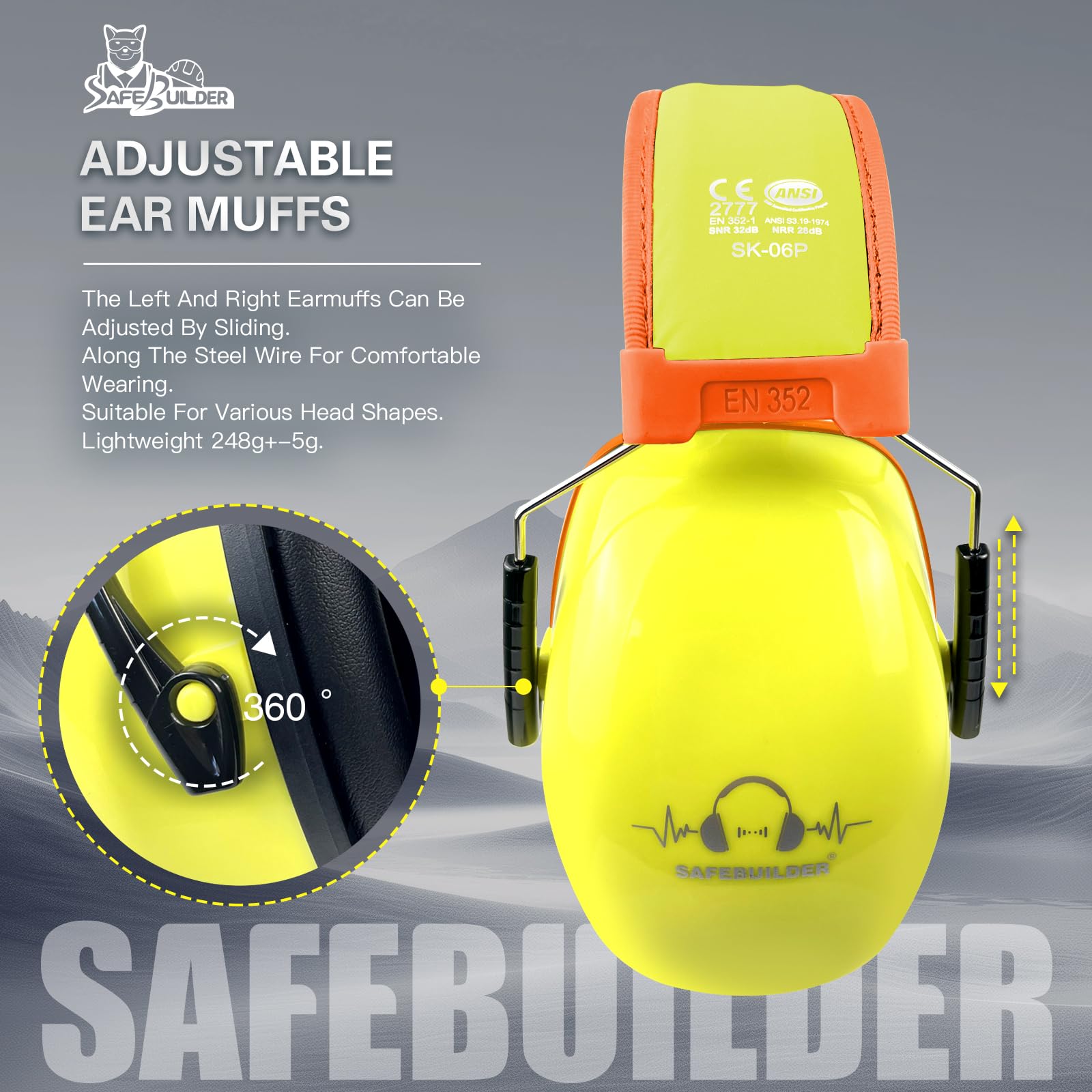 SAFEBUILDER Orejeras protectoras para los oídos, reducción de ruido, NRR, 28 dB, protección auditiva ajustable para trabajar en el césped SK-06P