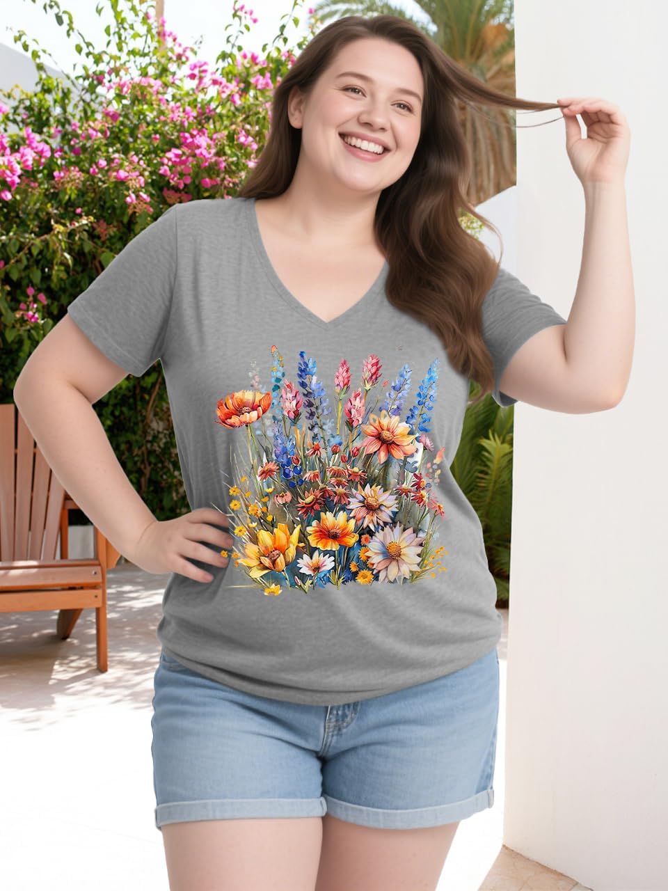 Plus Size Tops for Women Vintage Wildflower V Neck T Shirt Boho Cute Floral Graphic Tees Short Sleeve Summer Tops - Image 3