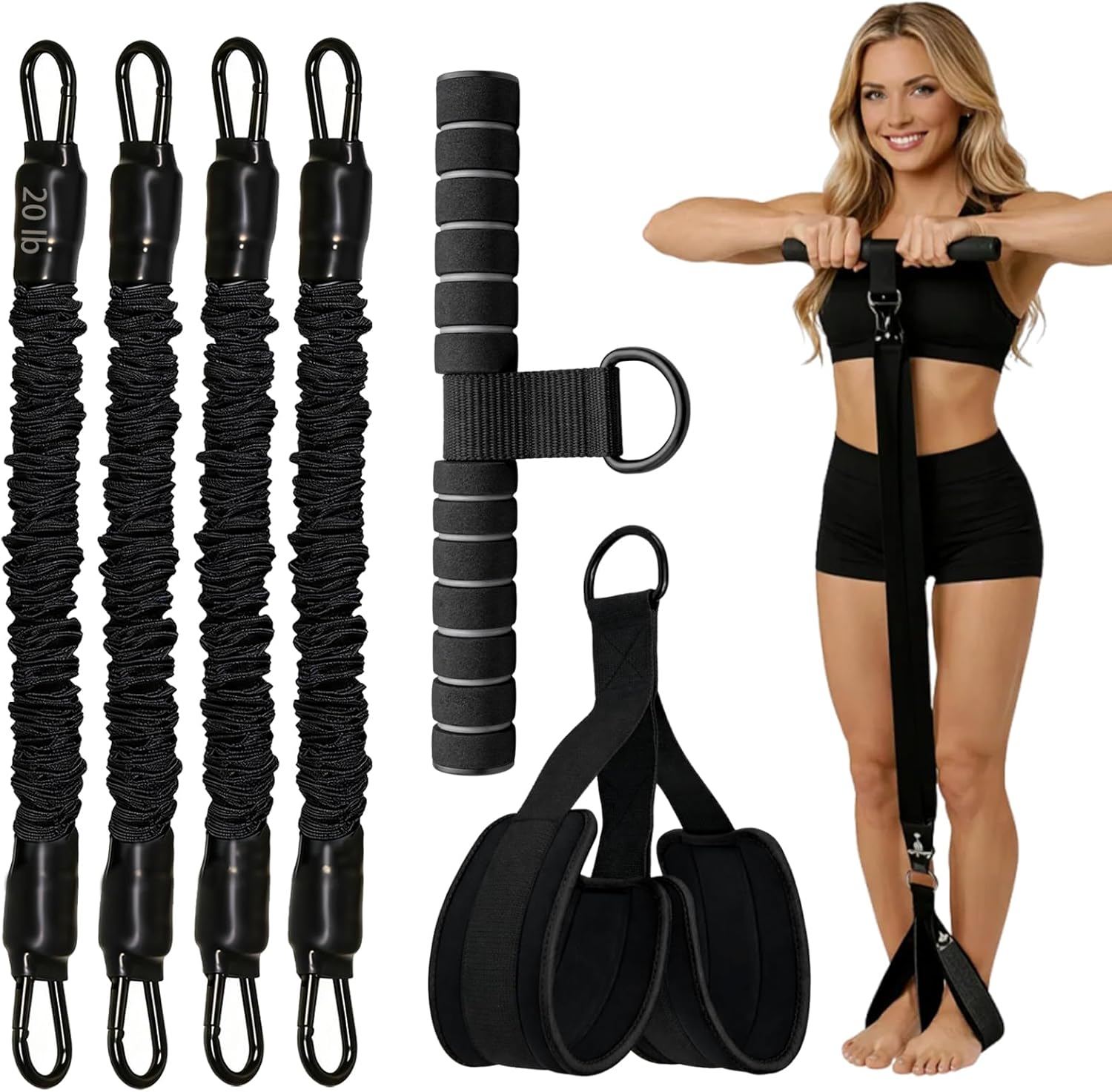 Upgraded Durable Pedal Resistance Band with Handles, Multifunction Pedal Resistance Trainer,4 Adjustable 20-Pound Resistance Bands, Anti-Slip,Home Workout for Abs, Core, Arms & Legs for Women