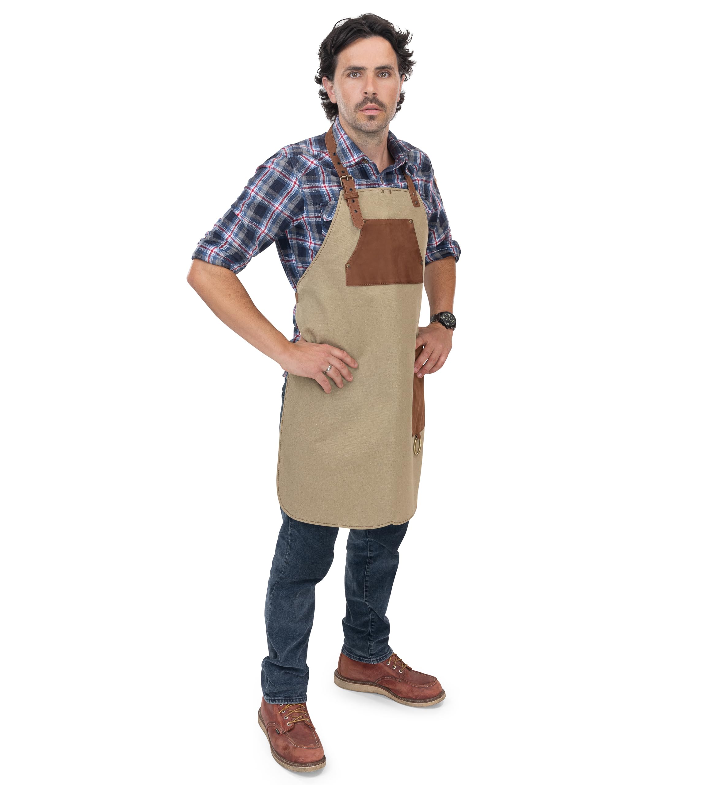 Hayden Tablier de cuisine, en toile de qualité supérieure et cuir véritable, réglable, avec sangle en cuir, pour cuisine, barbecue et barista, Toile beige, taille unique