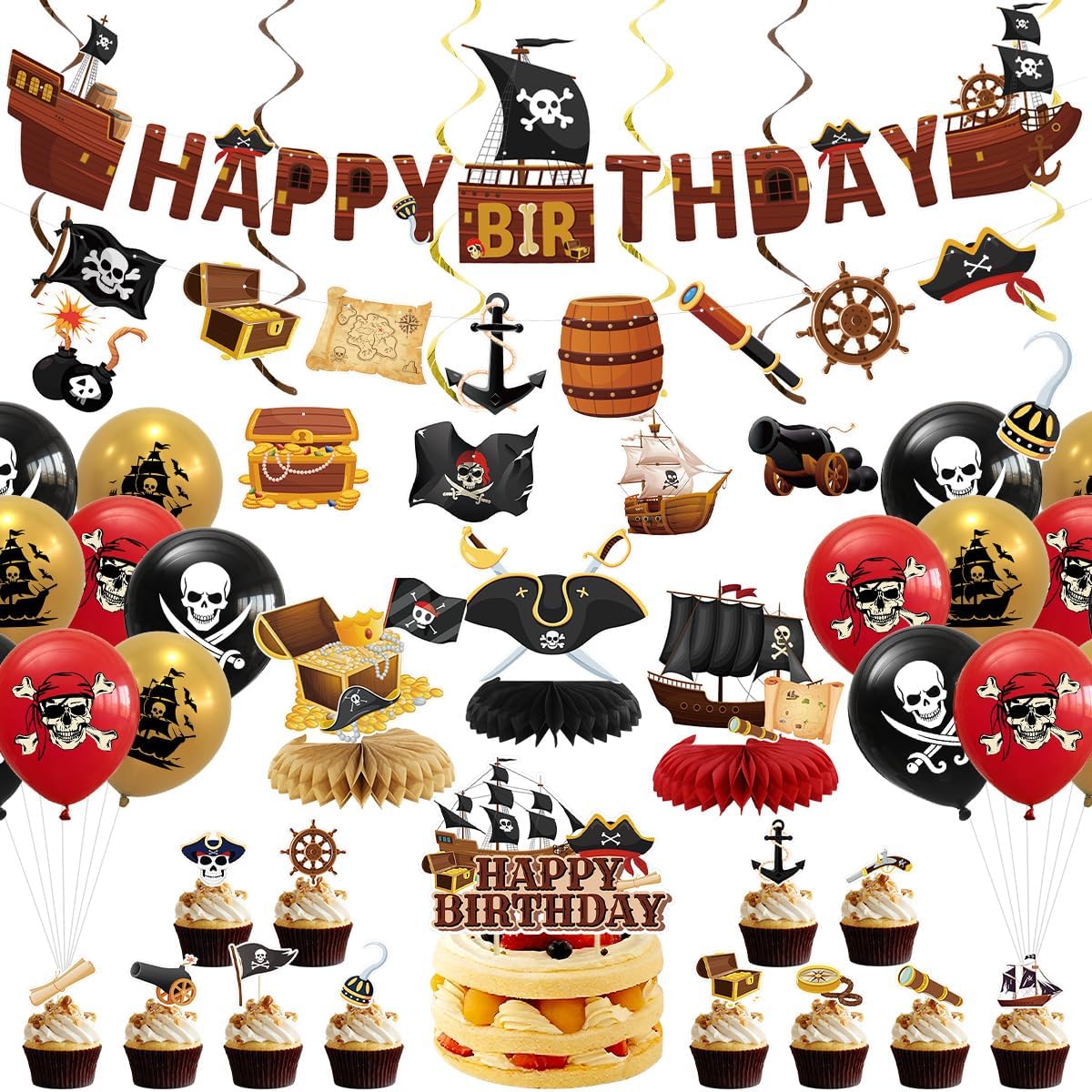 Pirate Party Decorations Include Banner, Bunting, Hanging Swirls, Honeycomb, Balloons, Cake Toppers for Kids Boys Birthday Treasure Party Decor Pirate Birthday Decorations