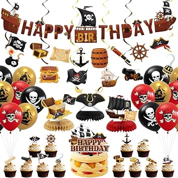 Pirate Party Decorations Include Banner, Bunting, Hanging Swirls, Honeycomb, Balloons, Cake Toppers for Kids Boys Birthday Treasure Party Decor Pirate Birthday Decorations