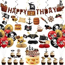 Pirate Party Decorations Include Banner, Bunting, Hanging Swirls, Honeycomb, Balloons, Cake Toppers for Kids Boys Birthday Treasure Party Decor Pirate Birthday Decorations