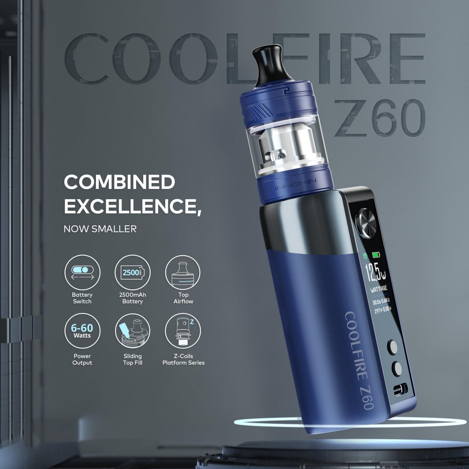For Innokin Kit CoolFire Z60 Mod 60 W Batterie 2500mAh (Bleu) 4,5 ML  Atomiseur Zlide Top Tank Rsistance Z Coil 0,3/0,6 mode Wattage/Coil+/Refresh  Top Fill/Top Airflow Vape Original - No Nicotine :