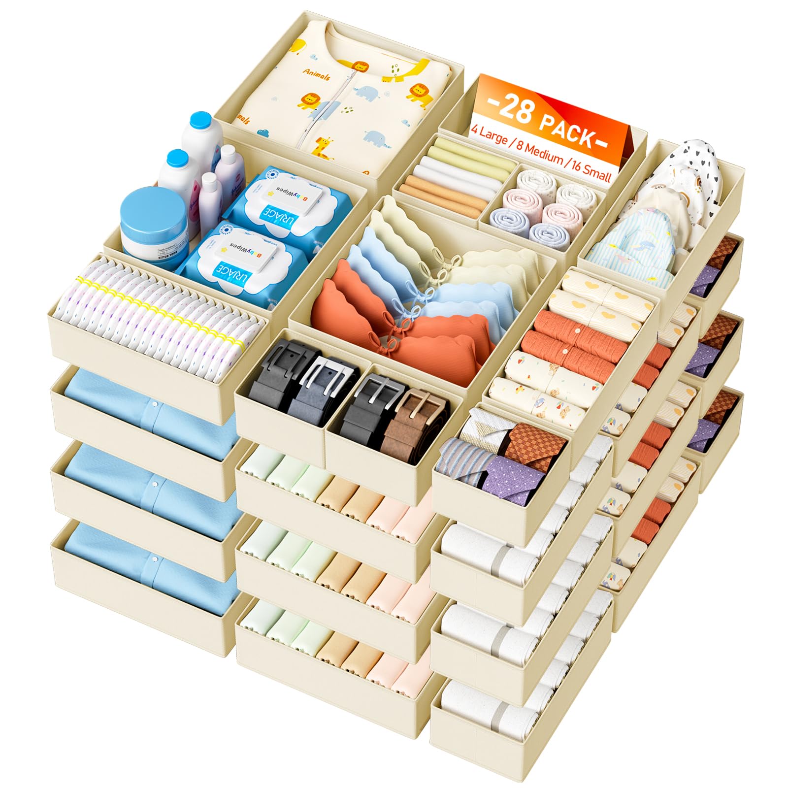 DIMJ 28Pack Drawer Organiser Dividers – Fabric Wardrobe Organiser Boxes for Tidy Drawers, Clothes, Underwear, Makeup – Deep Closet Organizer with Large Medium Small Sizes — image 1