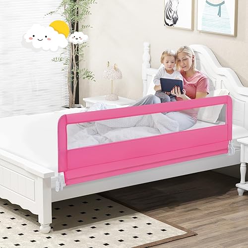 Miniatura 8 de Costzon Protector de barandilla para cama doble para niños pequeños, protector de cama plegable de acero inoxidable, barandilla abatible, para