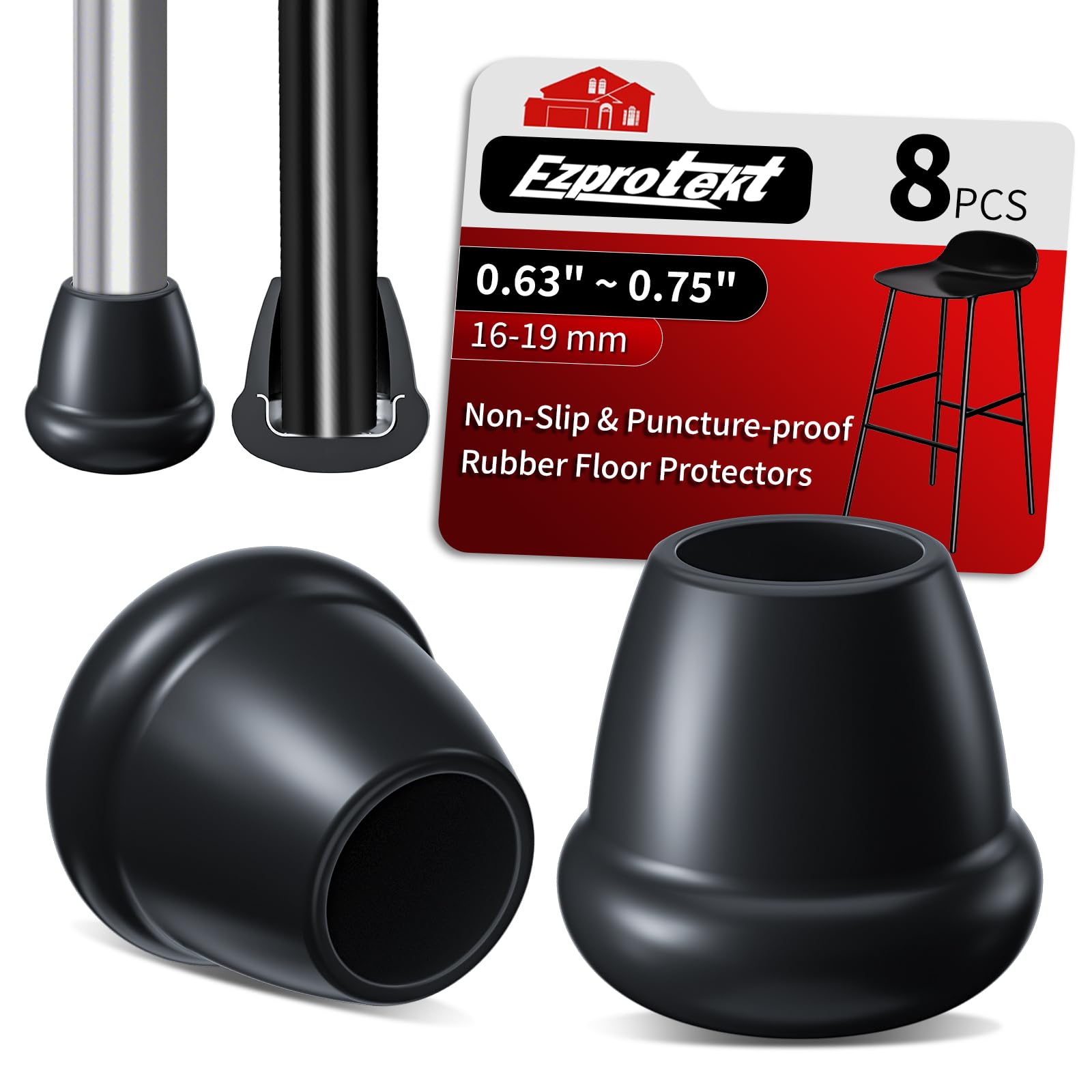 Ezprotekt 3/4" Round Rubber Chair Leg Caps, 8 Pcs Non-Slip Chair Leg Floor Protectors for Hardwood Floors, Furniture Feet Covers Folding Metal