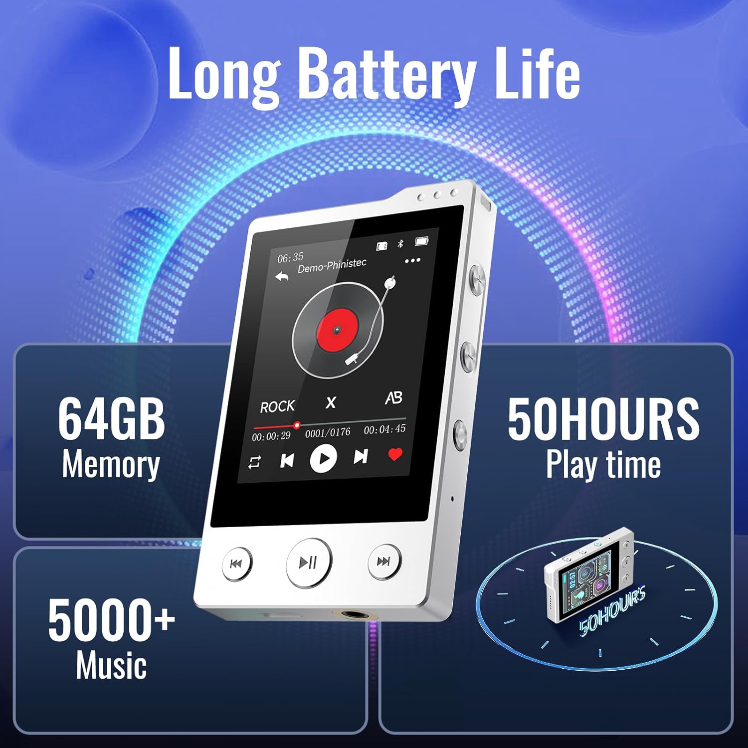 64GB MP3 Player with Sturdy Build & Durable,Aluminum Alloy,Phinistec Portable Mini Bluetooth Music Player with FM Radios,50 Hours Long Battery Life,2.4" Touchscreen,Up to 256GB