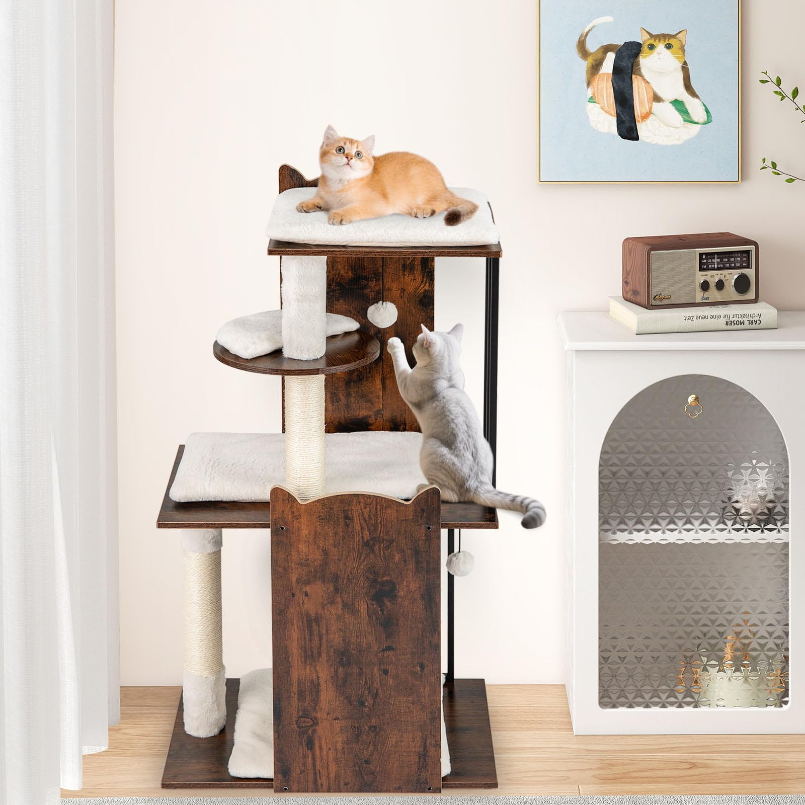 GYMAX Árbol Rascador para Gatos de Madera 112 cm, Torre para Mascotas de 4 Niveles con 4 Plataformas Diferentes, Rascador de Sisal y 2 Bolas Colgantes, Centro de Actividades con Cojines Extraíbles