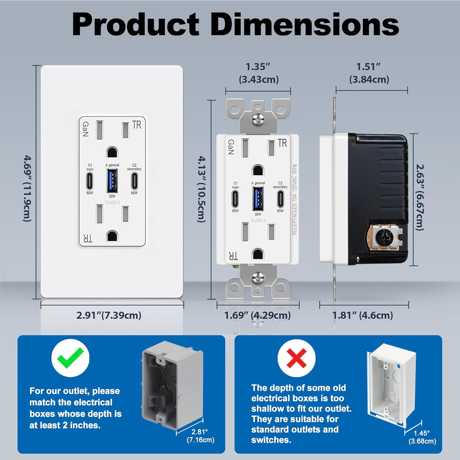 BESTTEN 2 Pack 65W USB C Outlet, GaN 3-Port USB Outlet Receptacle for Laptop, 15 Amp Ultra Fast Wall Outlet with 2 Type C & 1 Type A, Tamper Resistant, Screwless Wallplate Included, ETL Listed, White