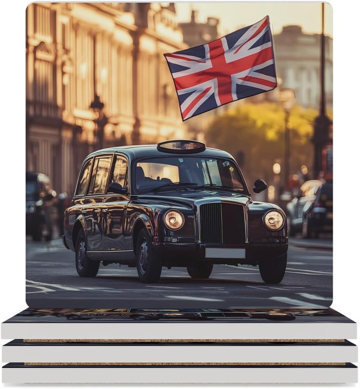 UK London Taxi and English Flag Funny Ceramic Coasters for Drink Absorbent Cup Holders Tabletop Protection